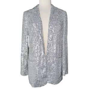 FB9 Express Silver Sequin Blazer Jacket Open Front Small Women's Suit